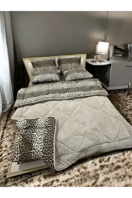 Çift Kişilik Welsoft Puffy Uyku Seti (LASTİKLİ ÇARŞAFLI) Bej Leopard - 4