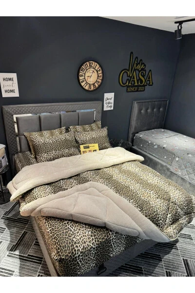 Çift Kişilik Welsoft Puffy Uyku Seti (LASTİKLİ ÇARŞAFLI) Bej Leopard - Modazone