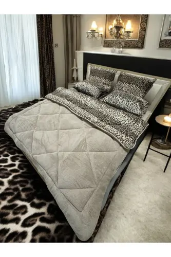 Çift Kişilik Welsoft Puffy Uyku Seti (LASTİKLİ ÇARŞAFLI) Bej Leopard - 3