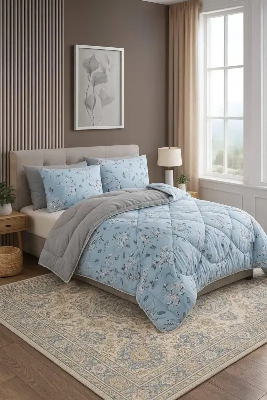 Çift Kişilik Welsoft Puffy Uyku Seti (LASTİKLİ ÇARŞAFLI) Mavi Etnic - 1