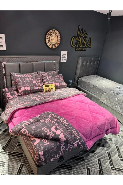 Çift Kişilik Welsoft Puffy Uyku Seti (LASTİKLİ ÇARŞAFLI) Mürdüm Love - Modazone