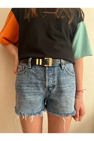 Çift köprülü siyah kemeri pantolon kemeri - Modazone