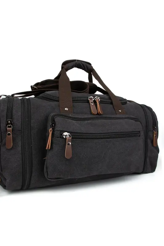 Çift Körüklü Ayakkabı Bölmeli Kavas Kumaş Spor Ve Seyahat Valizi Siyah-Siyah - 3