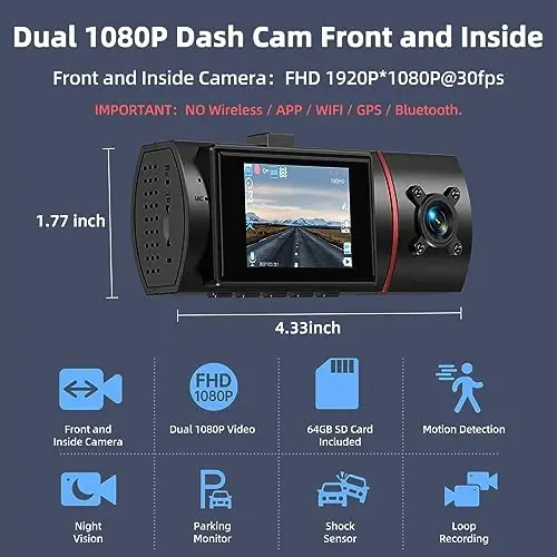 Dual Dash Cam Front and Inside with 64GB Card,Milerong X25 1080P Dash Camera for Cars with Infrared Night Vision,Loop Recording,G-Sensor,24H Park Monitor,Inside Car Camera for Uber/Lyft/Taxi Driver - 1
