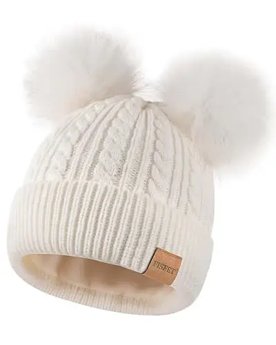 FISFET Beanies Women with Double Pom Pom, Winter Hats for Women Cold Weather Warm Knit Fleece Lined, Cute Beanie Cap - 1