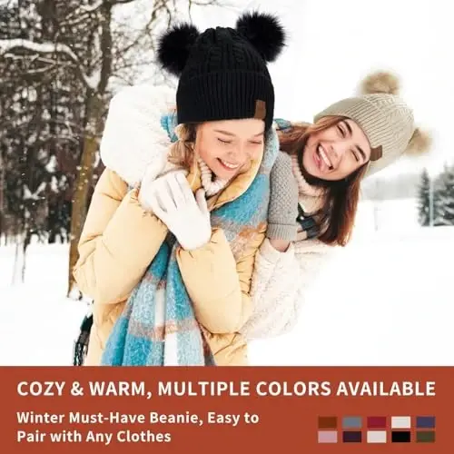 FISFET Beanies Women with Double Pom Pom, Winter Hats for Women Cold Weather Warm Knit Fleece Lined, Cute Beanie Cap - 6