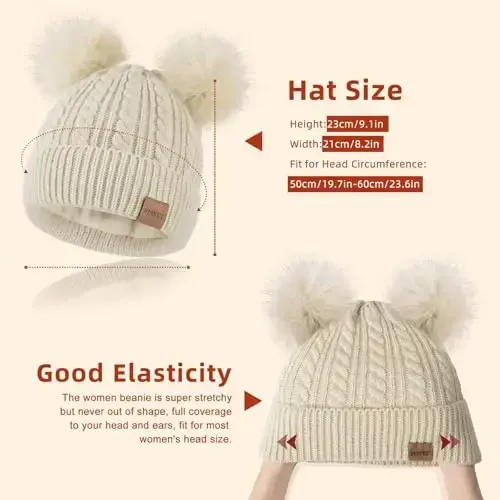 FISFET Beanies Women with Double Pom Pom, Winter Hats for Women Cold Weather Warm Knit Fleece Lined, Cute Beanie Cap - 3