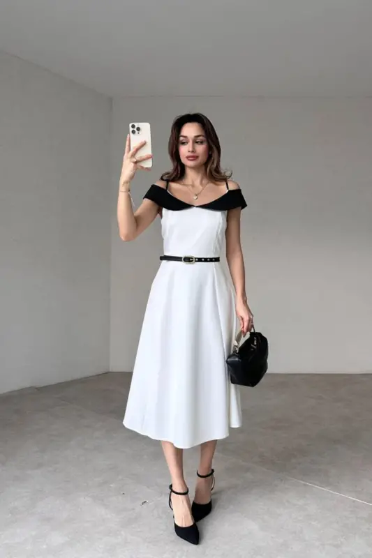 Çift Renk Midi Kemerli Elbise Beyaz Siyah-BOBROSS BEYAZ - 2
