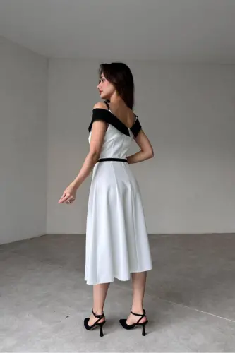 Çift Renk Midi Kemerli Elbise Beyaz Siyah-BOBROSS BEYAZ - 4