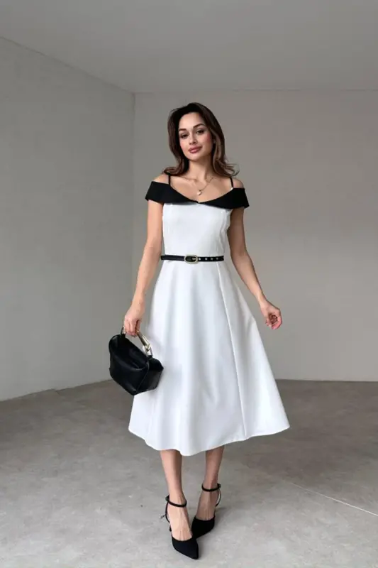 Çift Renk Midi Kemerli Elbise Beyaz Siyah-BOBROSS BEYAZ - ALFUDO MODA COLLECTION