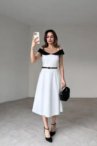 Çift Renk Midi Kemerli Elbise Beyaz Siyah-BOBROSS BEYAZ - ALFUDO MODA COLLECTION (1)