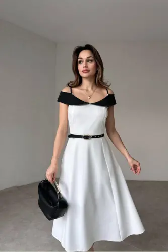 Çift Renk Midi Kemerli Elbise Beyaz Siyah-BOBROSS BEYAZ - 3