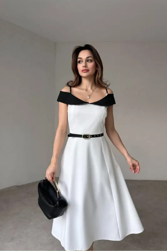 Çift Renk Midi Kemerli Elbise Beyaz Siyah-BOBROSS BEYAZ - 3