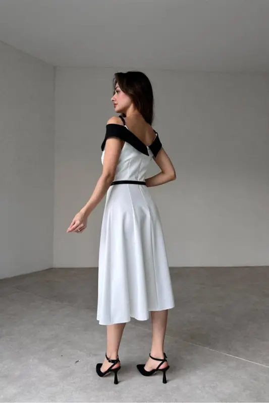 Çift Renk Midi Kemerli Elbise Beyaz Siyah-BOBROSS BEYAZ - 4