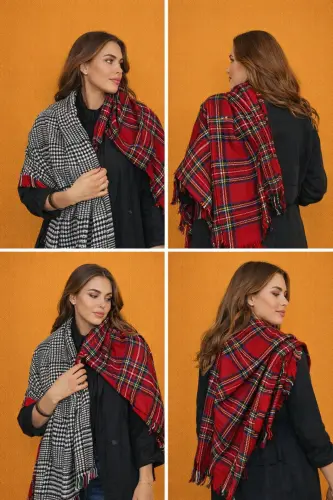 Çift Taraflı Ekose Atkı Şal 180*70 cm. -kırmızı - LAVIYONSA (1)