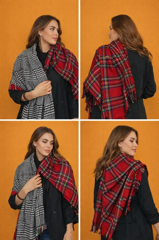 Çift Taraflı Ekose Atkı Şal 180*70 cm. -kırmızı - 2