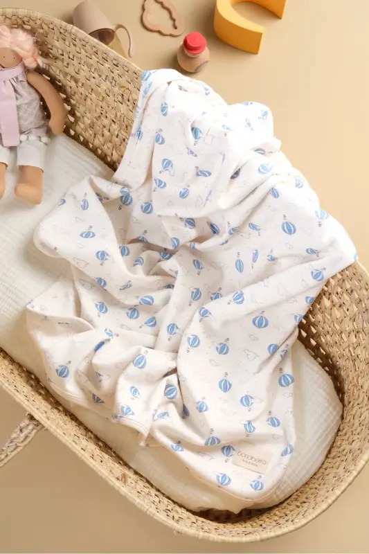 Çift Taraflı İnterlok Battaniye %100 Pamuk Oeko-teks Sertifikalı 100 X 85 Cm-Mavi Balon - 1