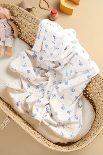 Çift Taraflı İnterlok Battaniye %100 Pamuk Oeko-teks Sertifikalı 100 X 85 Cm-Mavi Balon - 1