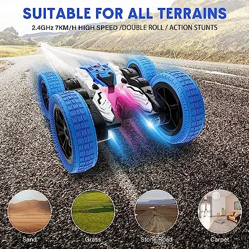Çift Taraflı RC Araba, 360 Derece Dönüşlü 4 Çeker Arazi Dublör Araba, 2.4Ghz İç ve Dış Mekan Tüm Arazi Şarj Edilebilir Elektrikli Oyuncak Araba, 3-12 Yaş Arası Erkek ve Kız Çocuklar için Hediye - 6