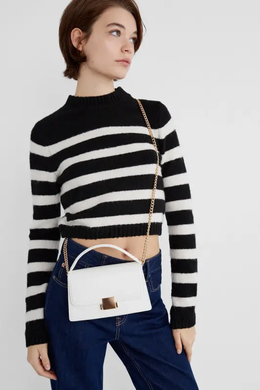 Çift tutma saplı çapraz askılı çanta-Beyaz - 3