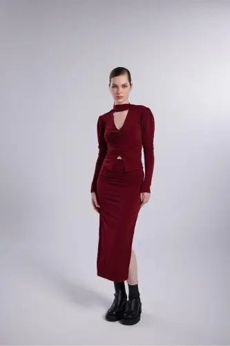 Çift Yırtmaçlı Maxi Serre Etek Bordo-Bordo - 1