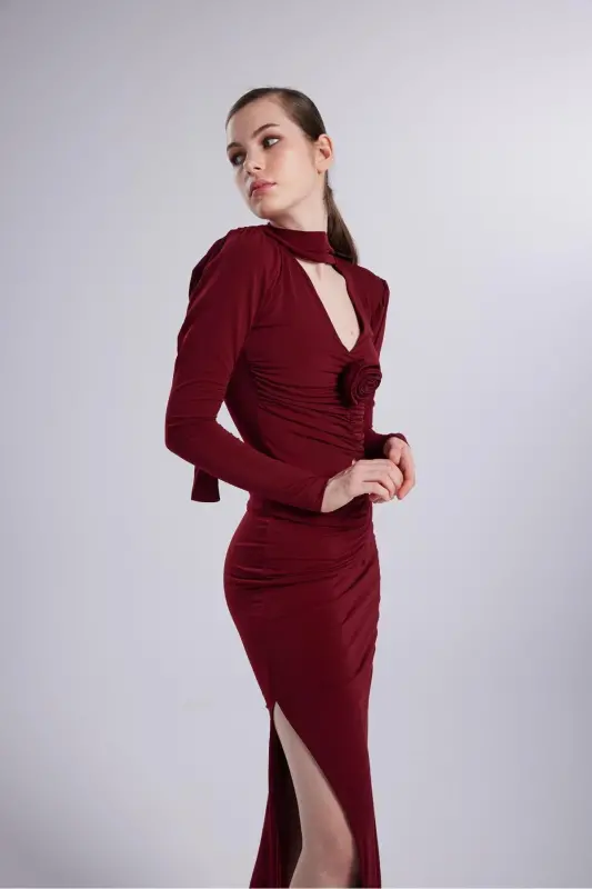 Çift Yırtmaçlı Maxi Serre Etek Bordo-Bordo - 5