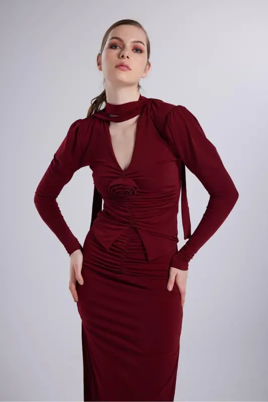 Çift Yırtmaçlı Maxi Serre Etek Bordo - Bordo - 2