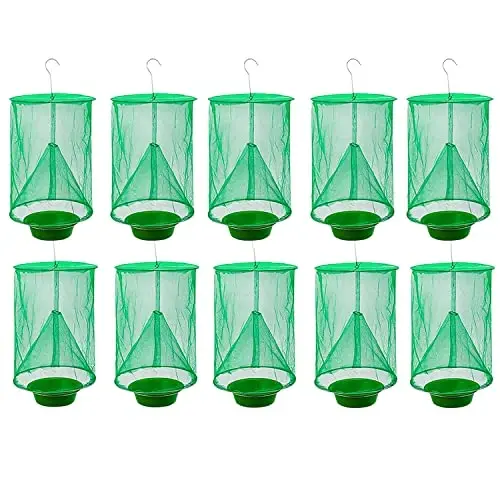 Ranch Fly Trap Outdoor Hanging Reusable with Fishing Apparatus | Food Bait Tray Catcher Cage for Indoor or Outdoor Family Farms, Park (10 Pack) - 1