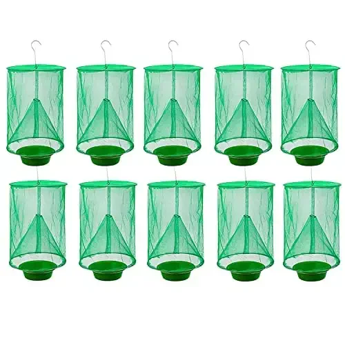 Ranch Fly Trap Outdoor Hanging Reusable with Fishing Apparatus | Food Bait Tray Catcher Cage for Indoor or Outdoor Family Farms, Park (10 Pack) - 1