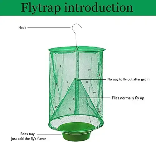 Ranch Fly Trap Outdoor Hanging Reusable with Fishing Apparatus | Food Bait Tray Catcher Cage for Indoor or Outdoor Family Farms, Park (6 Pack) - 6