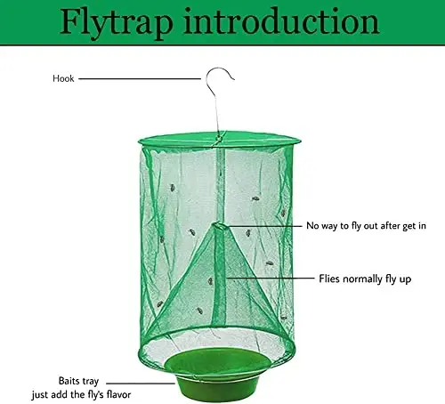 Ranch Fly Trap Outdoor Hanging Reusable with Fishing Apparatus | Food Bait Tray Catcher Cage for Indoor or Outdoor Family Farms, Park (6 Pack) - 6