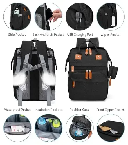 KABAQOO Diaper Bag Backpack with Detachable Changing Station, Large Capacity Baby Diaper Bags for Boys & Girls, Baby Registry Search Stuff & Shower Gifts, Newborn Essentials Must Haves, Black-2s - 3