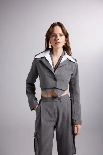 Çıkarılabilir Gömlek Yakası Detaylı Çizgili Crop Kira Blazer Ceket Gri - Gri - 2