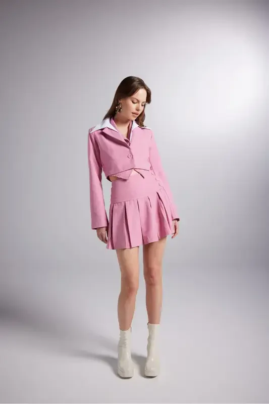 Çıkarılabilir Gömlek Yakası Detaylı Çizgili Crop Kira Blazer Ceket Pembe-Pembe - 2