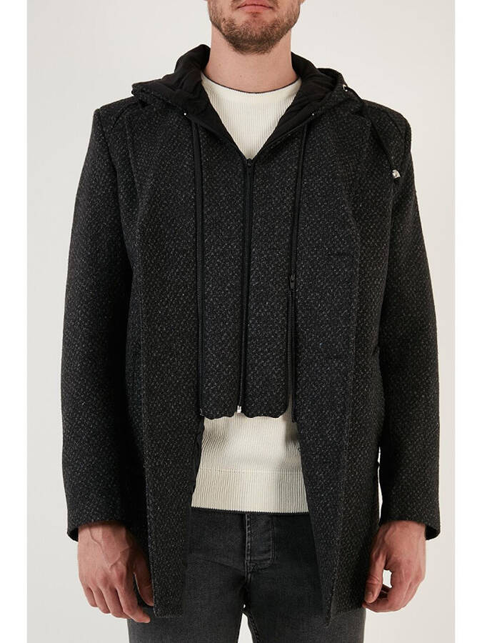 Antrasit Çıkarılabilir Kapüşonlu Kırçıllı Slim Fit Kaşe Erkek Kaban 5841013-Antrasit - 6