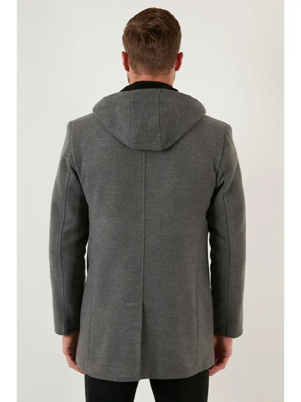 Gri Çıkarılabilir Kapüşonlu Kırçıllı Slim Fit Kaşe Kaban 5841013-Gri - 7