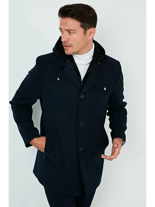 Lacivert Çıkarılabilir Kapüşonlu Kırçıllı Slim Fit Kaşe Erkek Kaban 5841013-Lacivert - 2