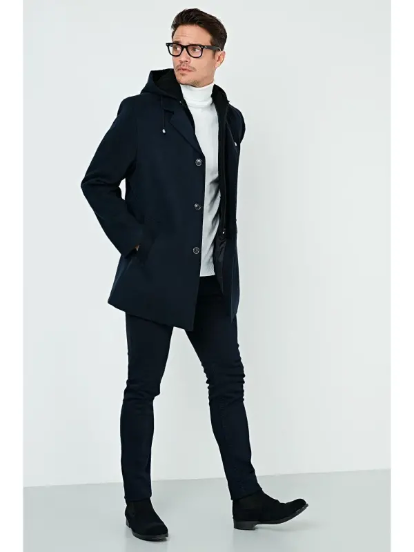 Lacivert Çıkarılabilir Kapüşonlu Kırçıllı Slim Fit Kaşe Erkek Kaban 5841013-Lacivert - 4