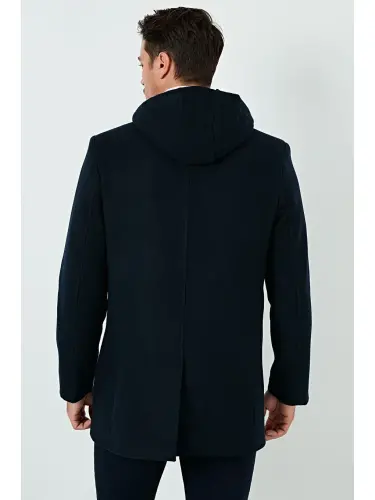 Lacivert Çıkarılabilir Kapüşonlu Kırçıllı Slim Fit Kaşe Erkek Kaban 5841013-Lacivert - 5