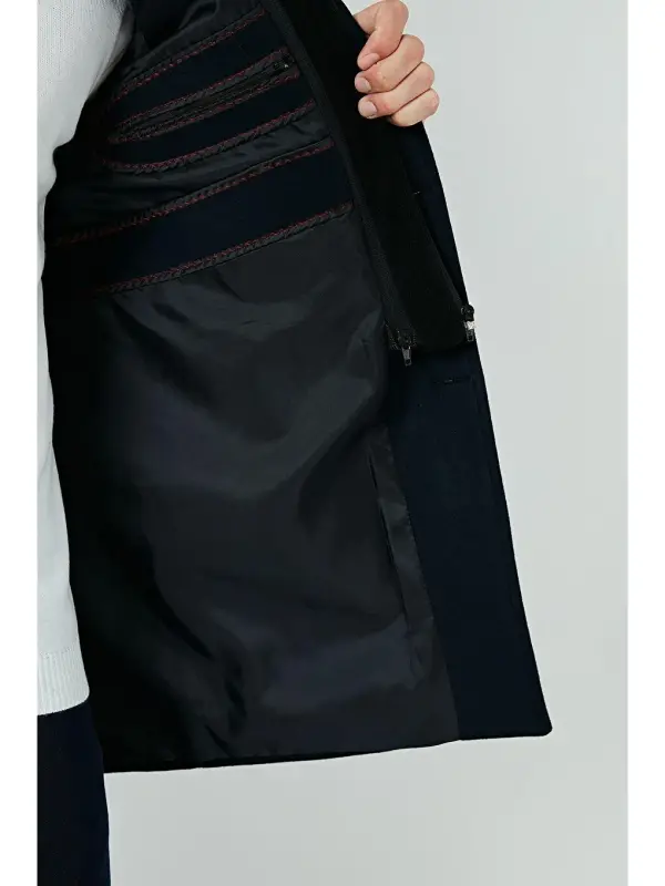 Lacivert Çıkarılabilir Kapüşonlu Kırçıllı Slim Fit Kaşe Erkek Kaban 5841013-Lacivert - 6