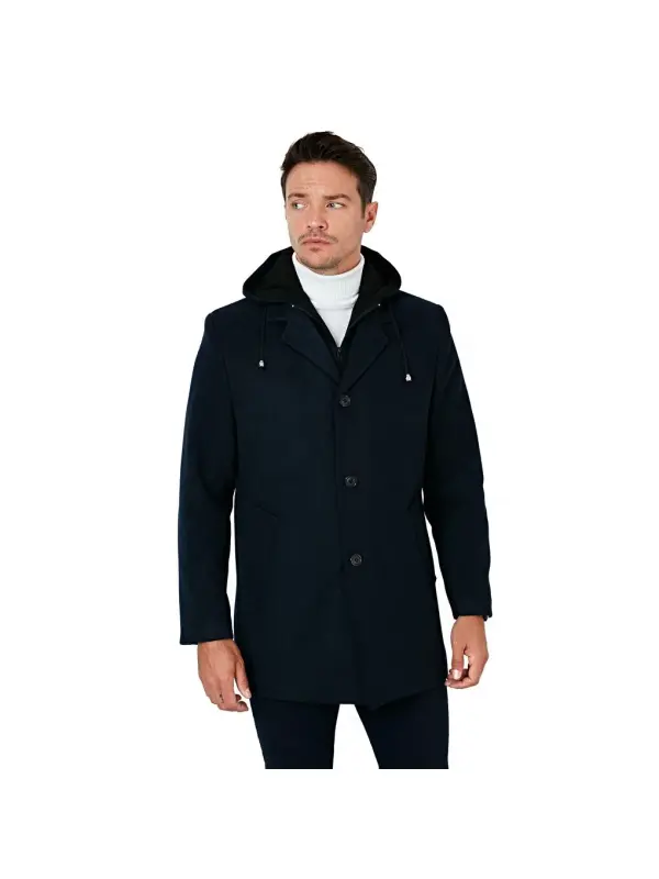 Lacivert Çıkarılabilir Kapüşonlu Kırçıllı Slim Fit Kaşe Erkek Kaban 5841013-Lacivert - 7