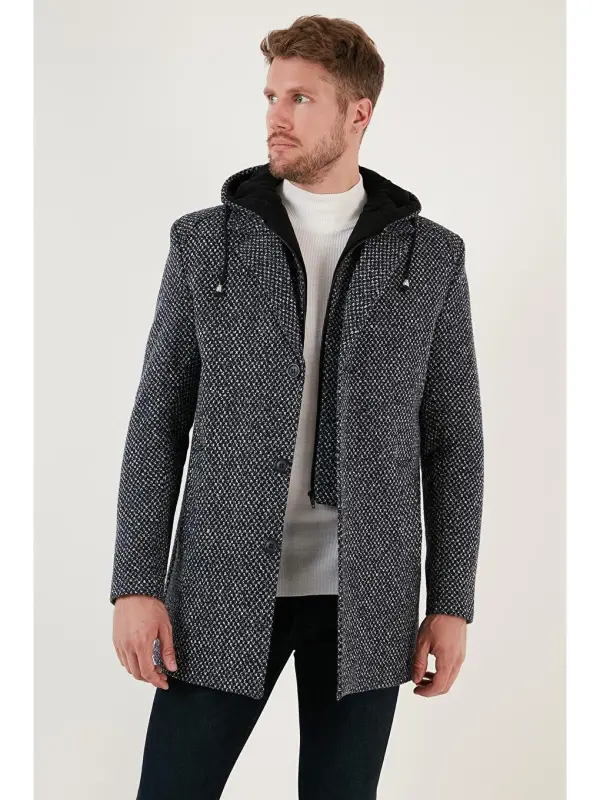 Lacivert Çıkarılabilir Kapüşonlu Kırçıllı Slim Fit Kaşe Erkek Kaban 5841013-Lacivert - LC WAIKIKI