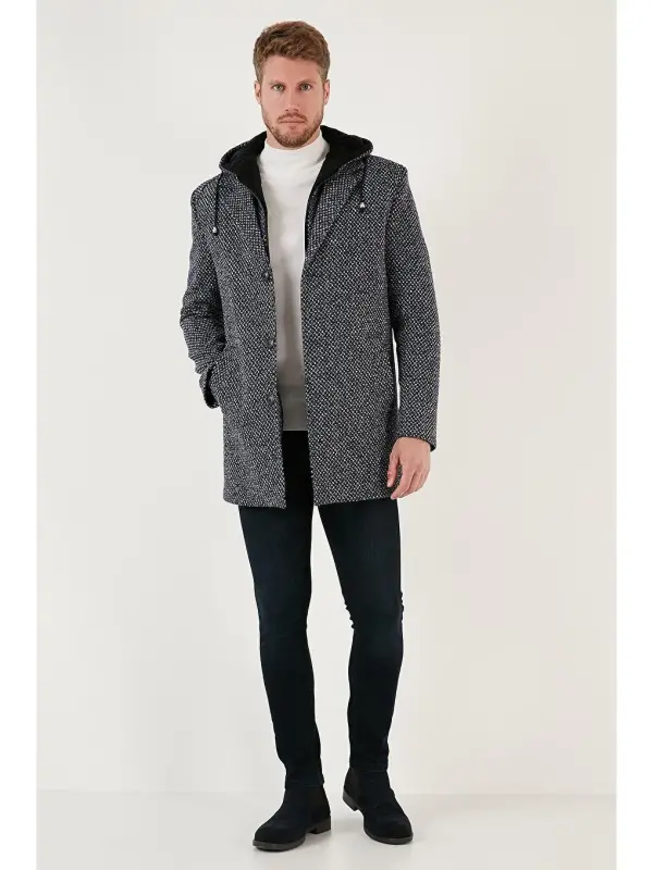 Lacivert Çıkarılabilir Kapüşonlu Kırçıllı Slim Fit Kaşe Erkek Kaban 5841013-Lacivert - 3