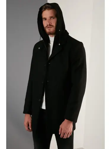 Siyah Çıkarılabilir Kapüşonlu Kırçıllı Slim Fit Kaşe Erkek Kaban 5841013-Siyah - LC WAIKIKI (1)
