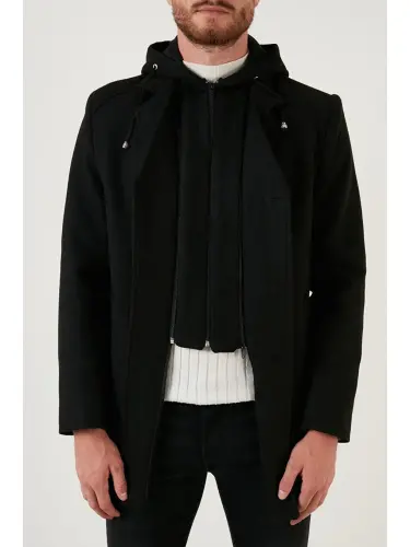 Siyah Çıkarılabilir Kapüşonlu Kırçıllı Slim Fit Kaşe Erkek Kaban 5841013-Siyah - 4