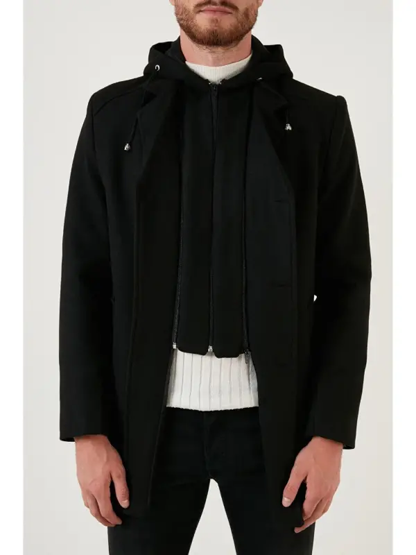 Siyah Çıkarılabilir Kapüşonlu Kırçıllı Slim Fit Kaşe Erkek Kaban 5841013-Siyah - 4