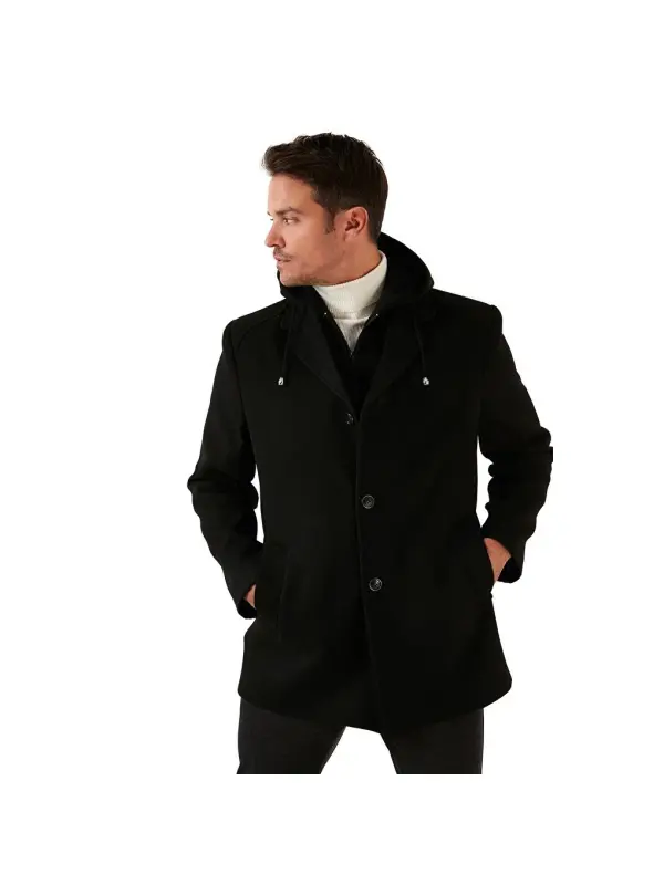 Siyah Çıkarılabilir Kapüşonlu Kırçıllı Slim Fit Kaşe Erkek Kaban 5841013-Siyah - 8