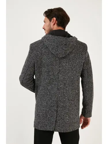 Siyah Çıkarılabilir Kapüşonlu Kırçıllı Slim Fit Kaşe Erkek Kaban 5841013-Siyah - 6