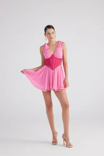 Çıkarılabilir Korseli Gloplu Mini Şifon Fiona Elbise Pembe - Pembe 
