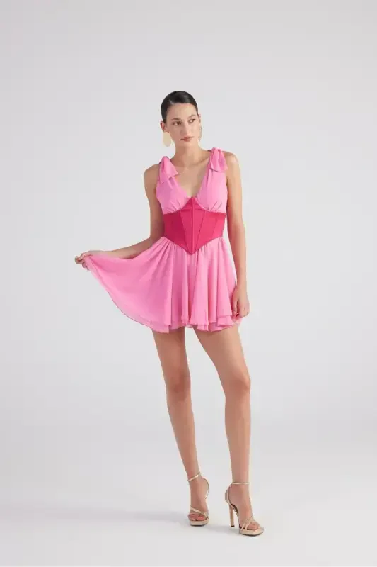 Çıkarılabilir Korseli Gloplu Mini Şifon Fiona Elbise Pembe-Pembe - HOLLY LOLLY